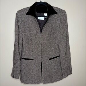 Dana Buchman Women's Sz 8 Blazer Jacket‎ Wool Blend Tweed Velvet Collar Brown